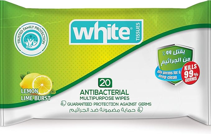White Antibacterial Lemon Lime Burst Wet Wipes - 20 Sheets