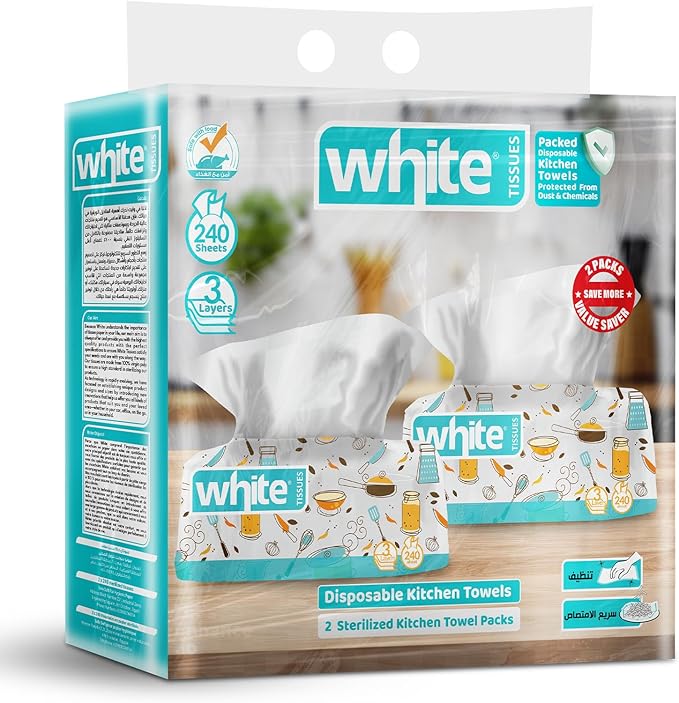 White Kitchen Towels - 240 Tissues, 3-Ply, 2 Pieces