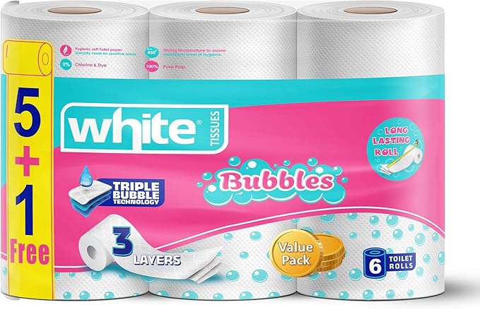 White Bubbles 3-Layer Compressed Tissue Rolls - 6 Pieces