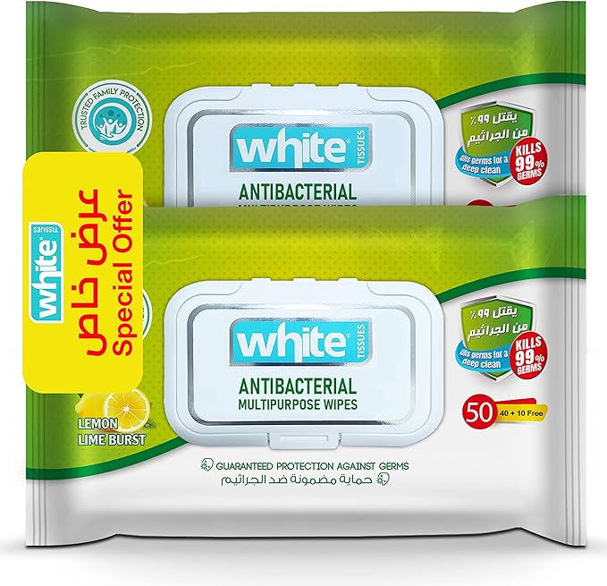 White Antibacterial Lemon Lime Burst Wet Wipes - 50 Sheets, Pack of 2