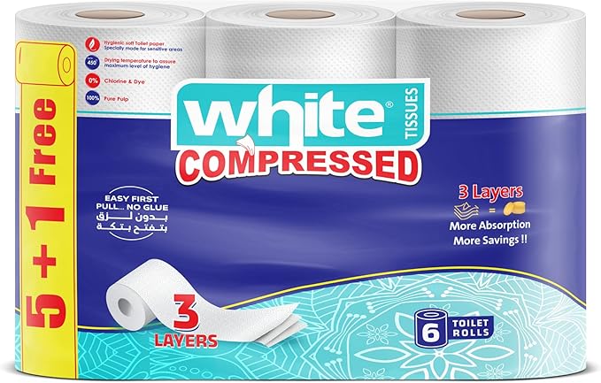 White Compressed Toilet Roll 6 Rolls 3-Ply
